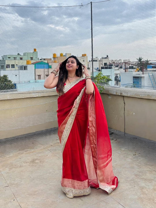 Red Banarasi Soft Glass Tissue Silk Saree