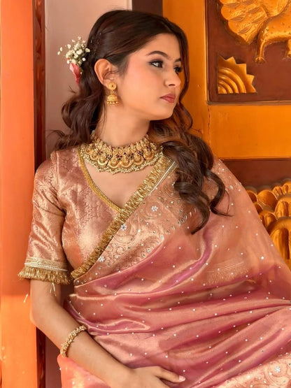 Kesar Rose Banarasi Soft Glass Tissue Silk Saree