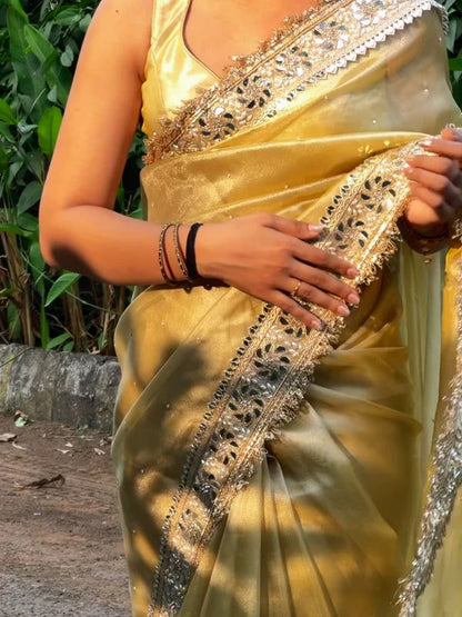 Yellow Banarasi Soft Glass Tissue Silk Saree