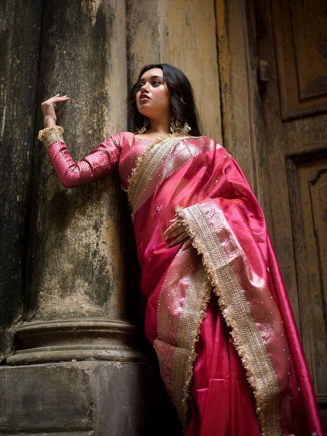 Rani Pink Banarasi Soft Maharani Glass Tissue Silk Saree