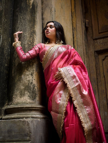Rani Pink Banarasi Soft Maharani Glass Tissue Silk Saree