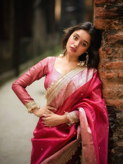 Rani Pink Banarasi Soft Maharani Glass Tissue Silk Saree