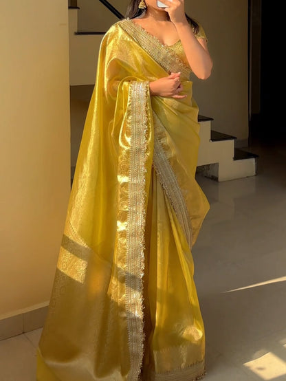 Yellow Banarasi Soft Glass Tissue Silk Saree