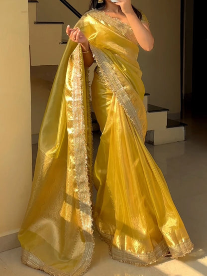 Yellow Banarasi Soft Glass Tissue Silk Saree