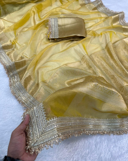 Yellow Banarasi Soft Glass Tissue Silk Saree