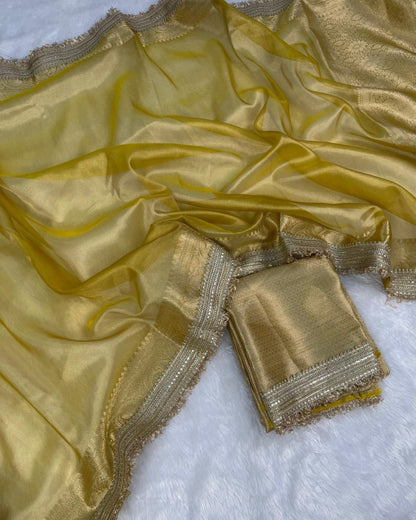 Yellow Banarasi Soft Glass Tissue Silk Saree