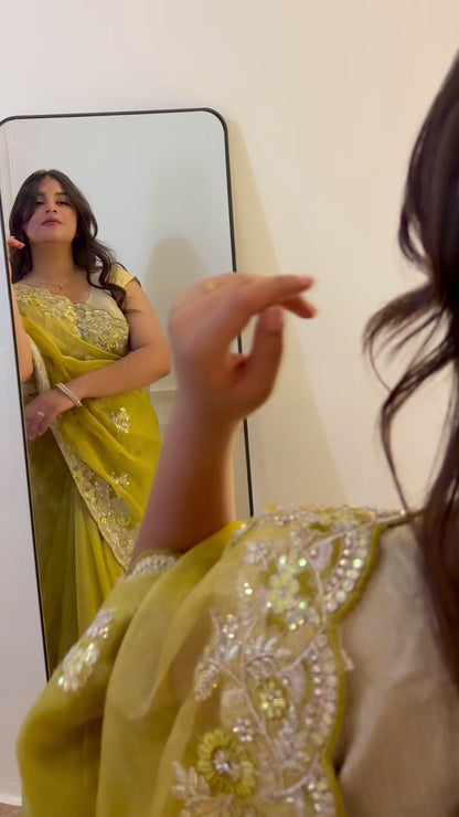Yellow Sequins Work Organza Saree