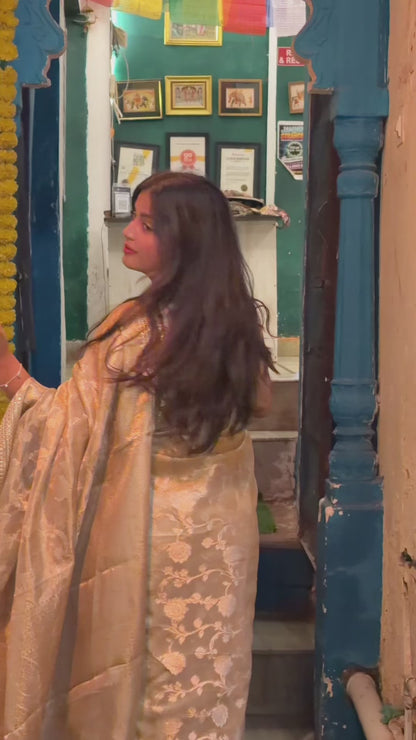 Antique Gold Banarasi Soft Jaal Tissue Silk Saree