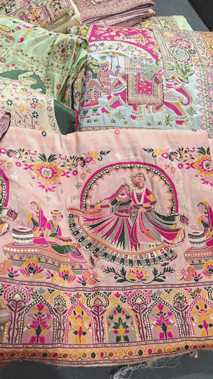 Peach Rajsi Ghoomar Pashmina Silk Saree
