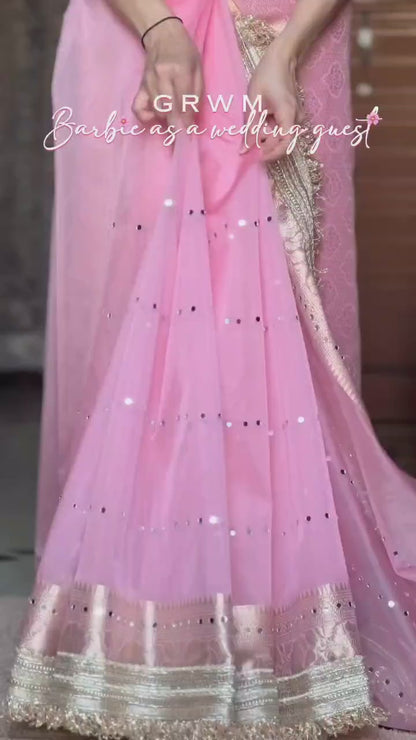 Blush Rose Gold Banarasi Kora Organza Silk Saree with Mirror Work