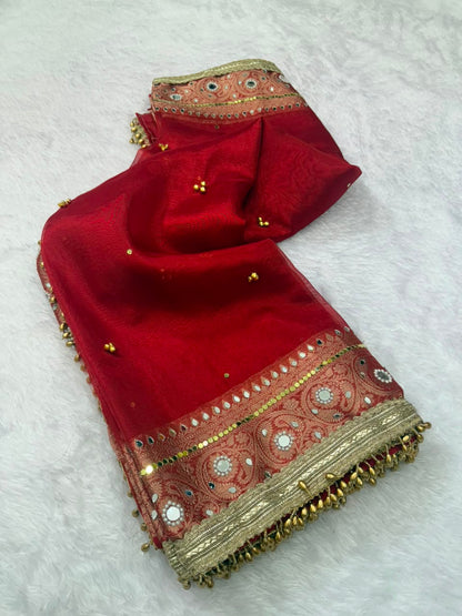 Red Banarasi soft tissue silk saree