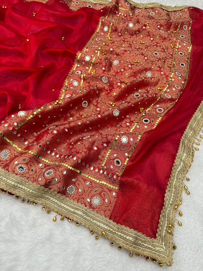 Red Banarasi soft tissue silk saree