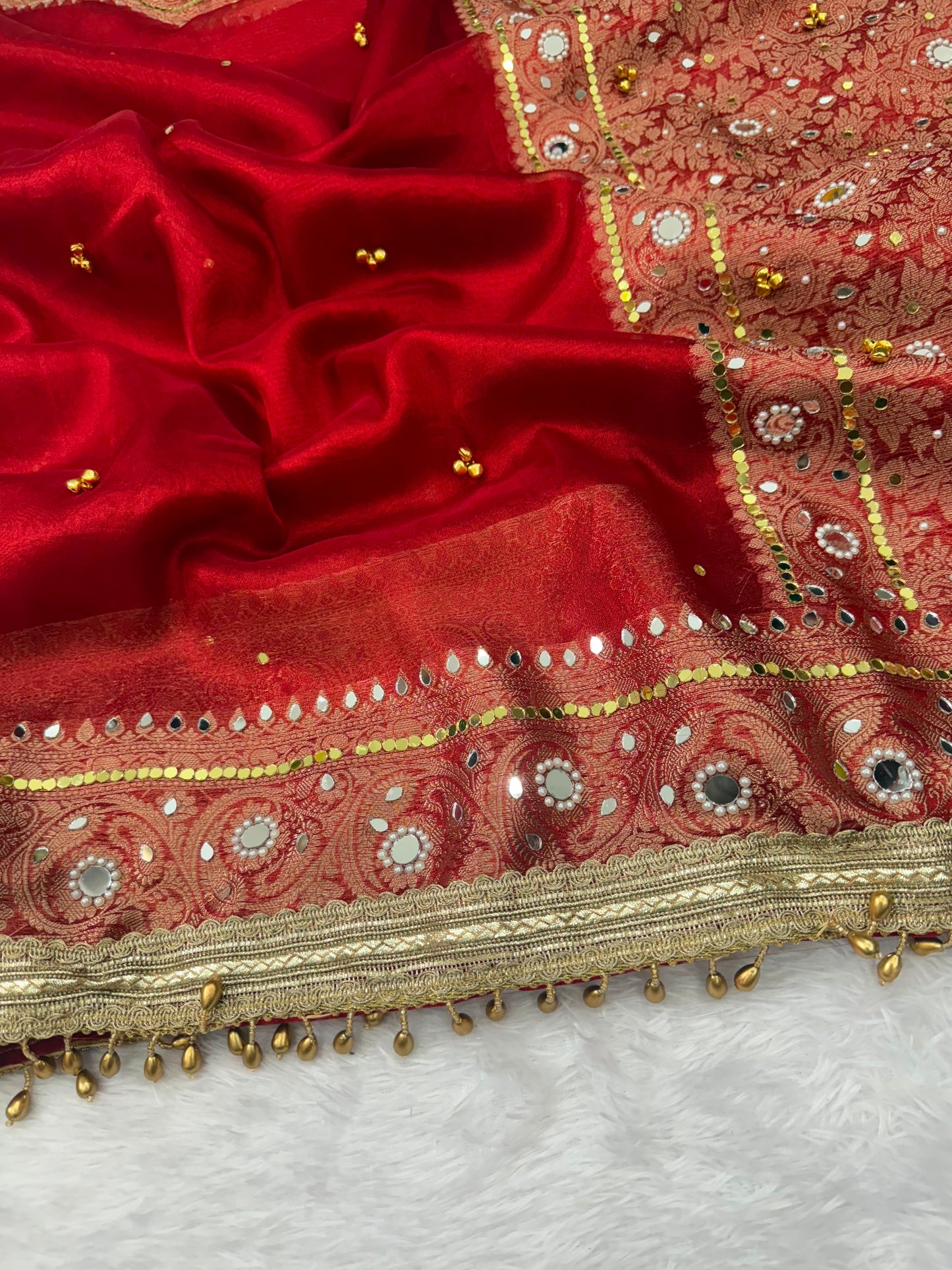 Red Banarasi soft tissue silk saree