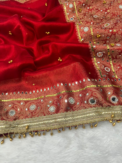 Red Banarasi soft tissue silk saree