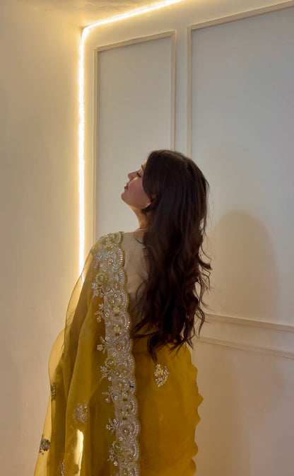 Yellow Sequins Work Organza Saree