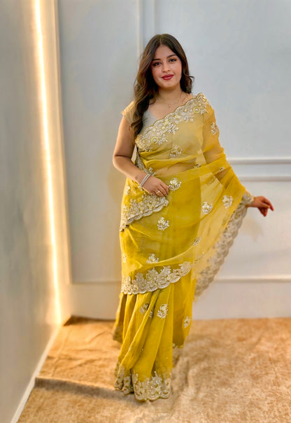 Yellow Sequins Work Organza Saree