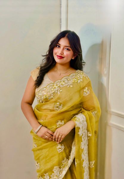 Yellow Sequins Work Organza Saree