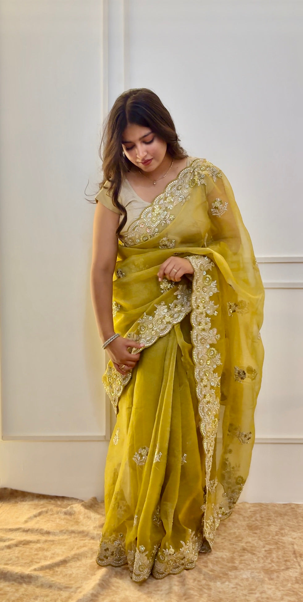 Yellow Sequins Work Organza Saree