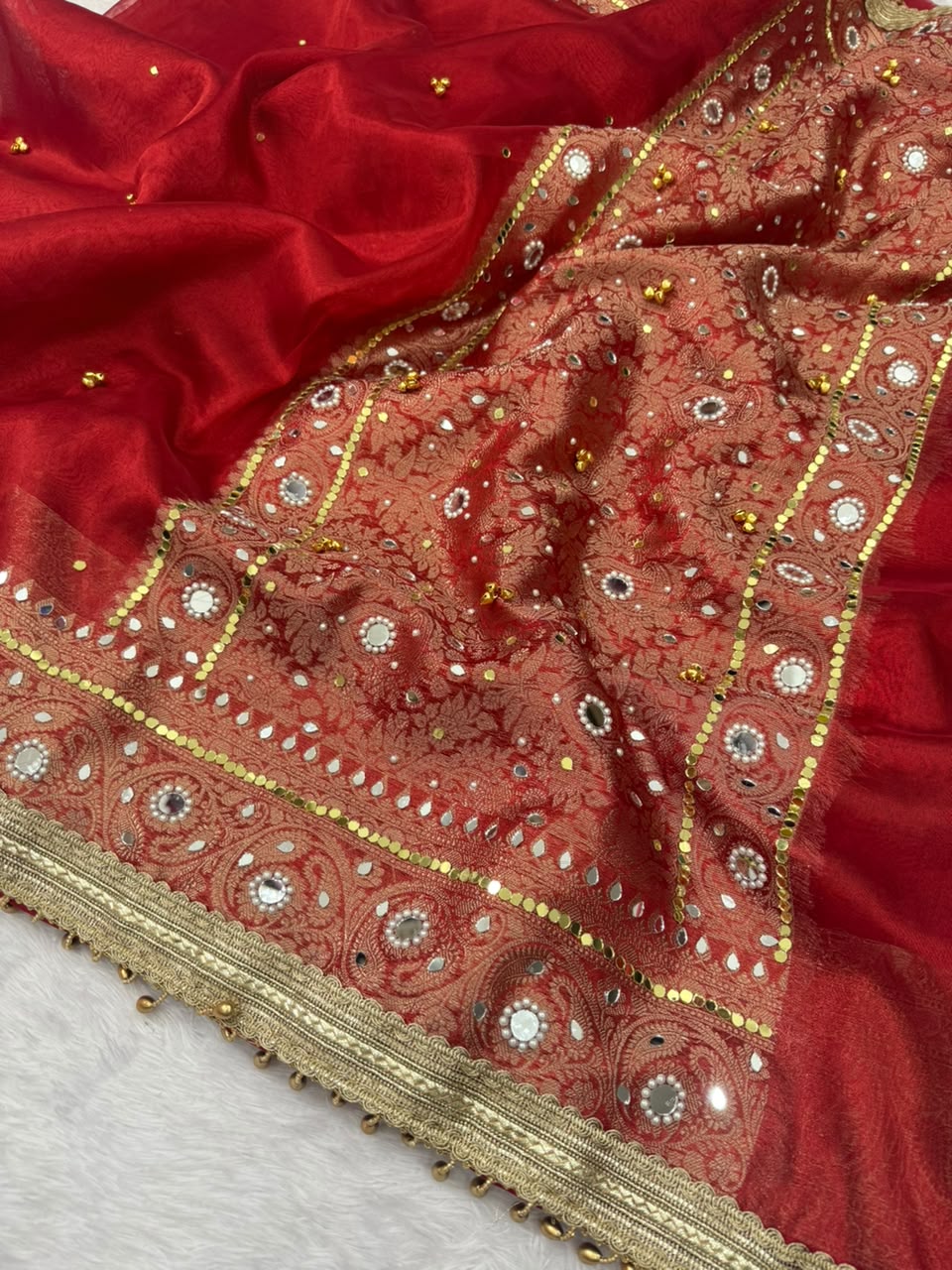 Red Banarasi soft tissue silk saree