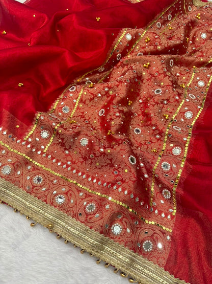Red Banarasi soft tissue silk saree
