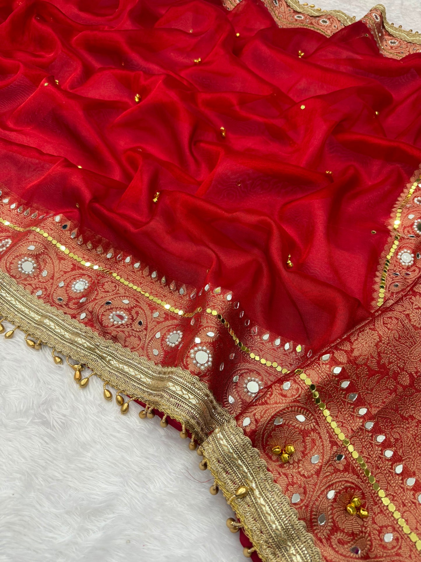 Red Banarasi soft tissue silk saree