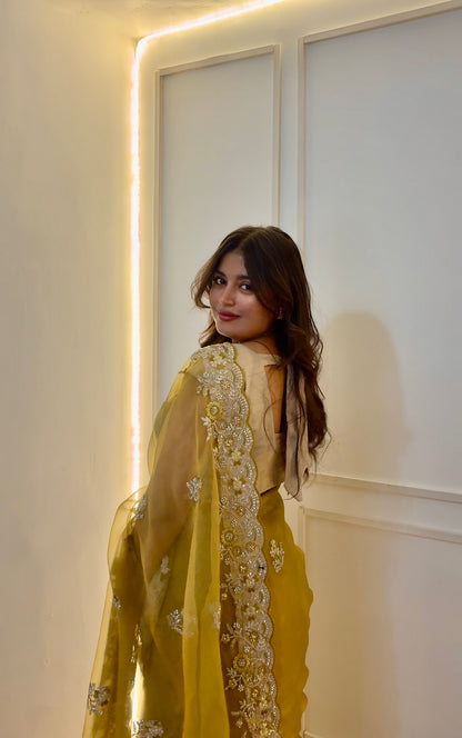 Yellow Sequins Work Organza Saree