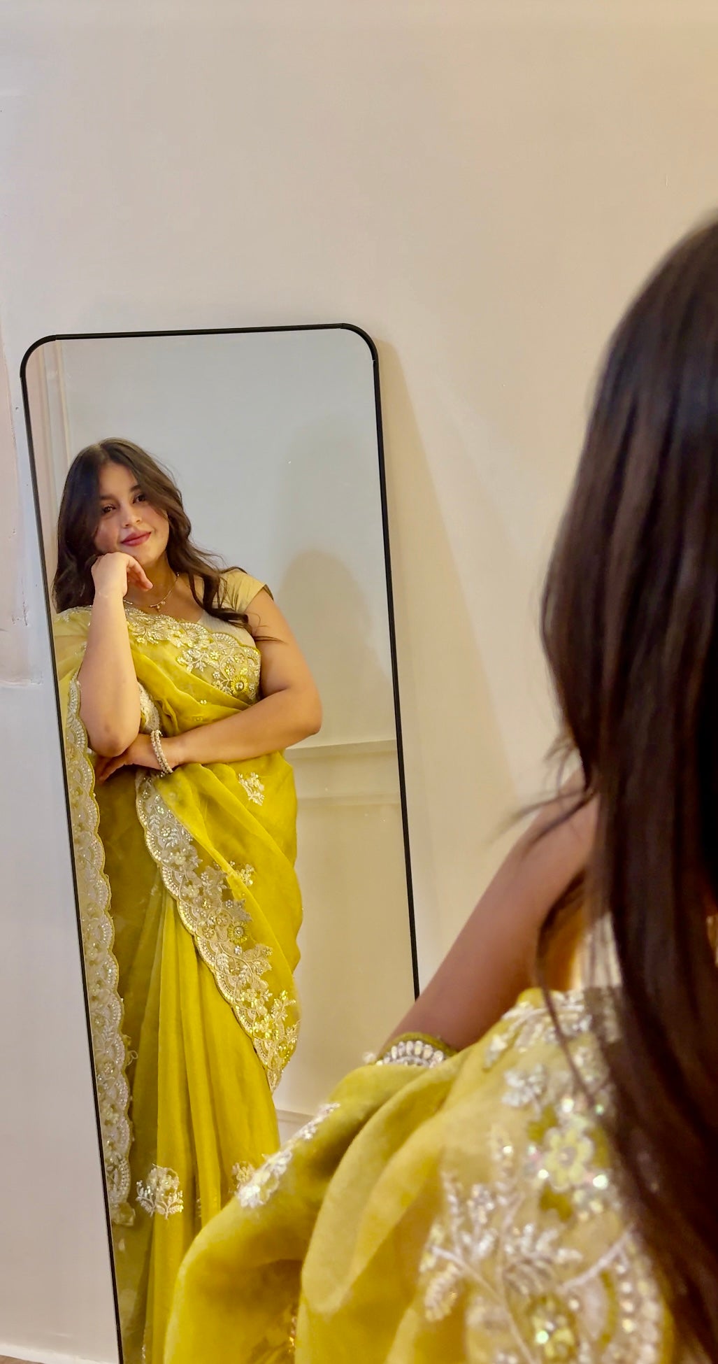 Yellow Sequins Work Organza Saree