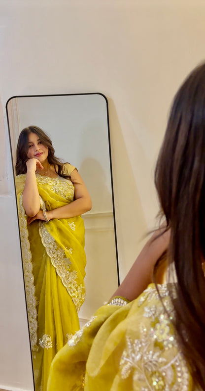 Yellow Sequins Work Organza Saree
