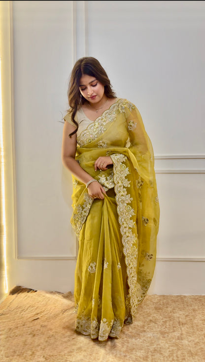 Yellow Sequins Work Organza Saree