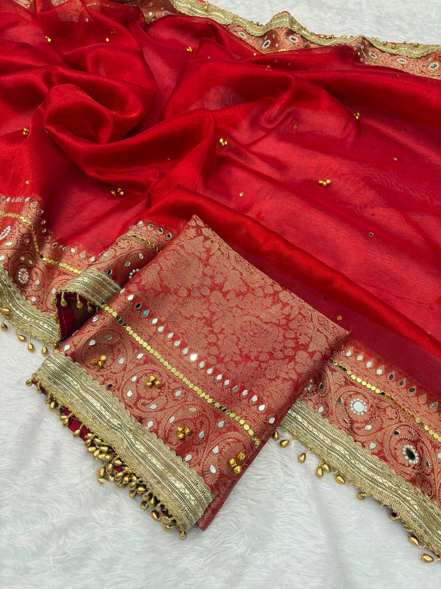 Red Banarasi soft tissue silk saree
